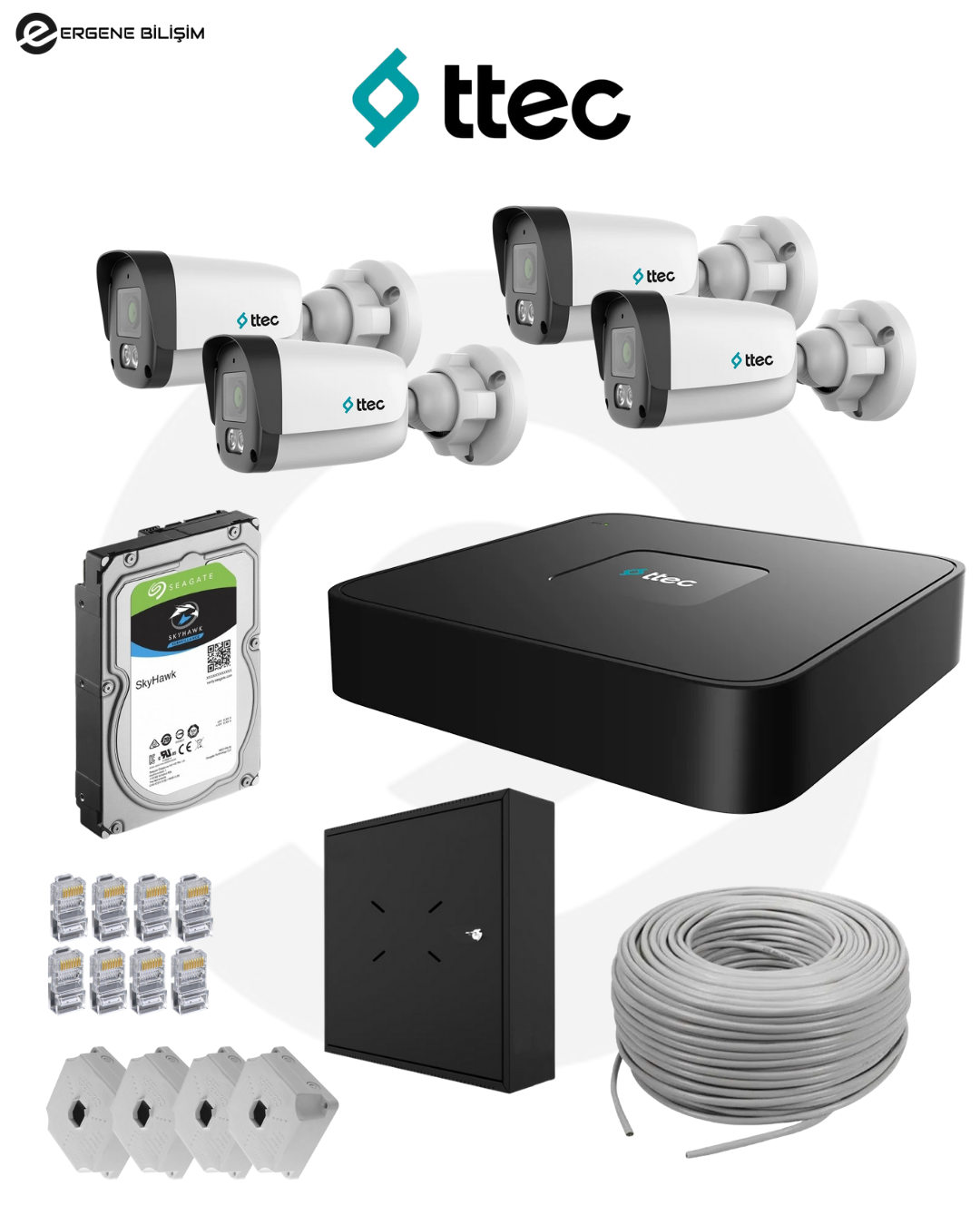 TTEC 4MP 4’lü IP Güvenlik Kamera Sistemi + Seagate 2 TB HDD + XVR/NVR Koruma Kutusu