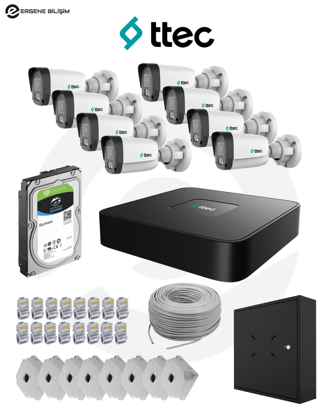TTEC 4MP 8’li IP Güvenlik Kamera Sistemi + Seagate 4 TB HDD + XVR/NVR Koruma Kutusu