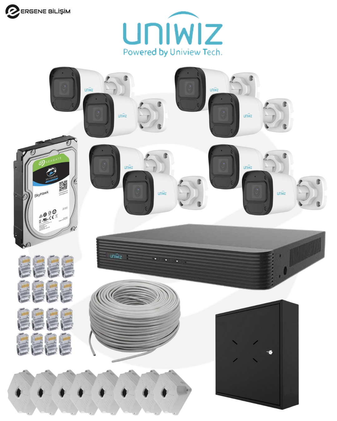 Uniwiz 2 MP 8’li IP Güvenlik Kamera Sistemi + Seagate 2 TB HDD + XVR/NVR Koruma Kutusu